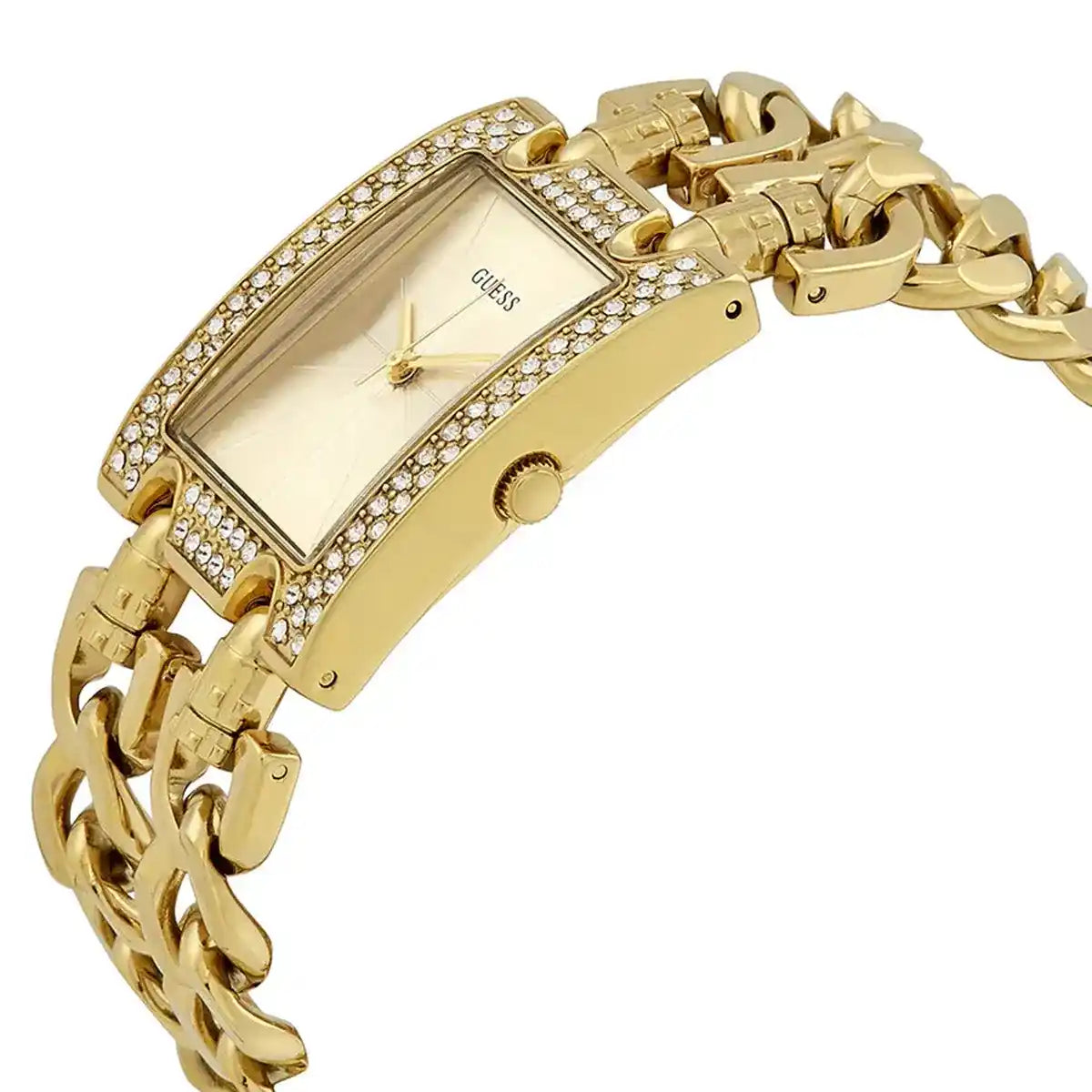 Guess W0072L1 Gold Rectangular Case Chain Bracelet Crystal Bezel Women's Watch