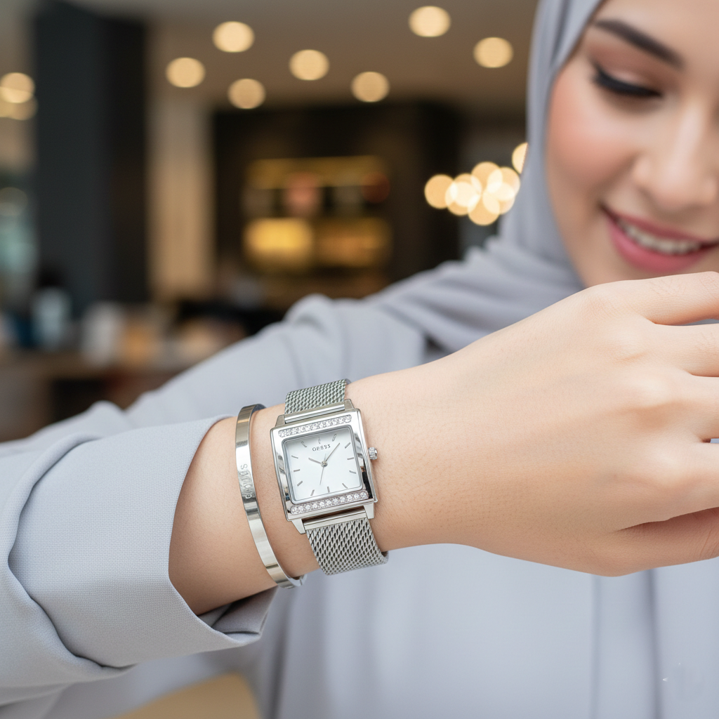 ساعة نسائية مستطيلة الشكل من جس W0127L1 باللون الفضي مع شبكة كريستال
