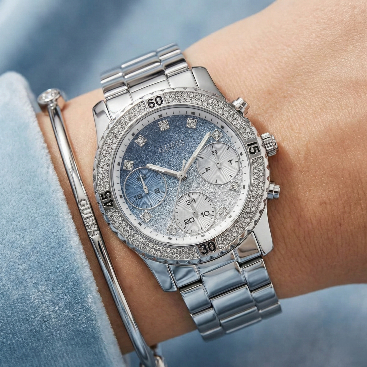 Guess Confetti W0774L6 Silver & Blue Glitter Watch