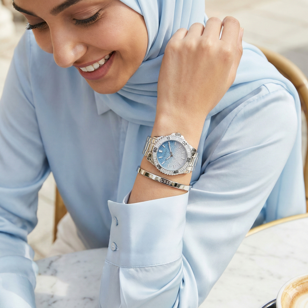 Guess Confetti W0774L6 Silver & Blue Glitter Watch
