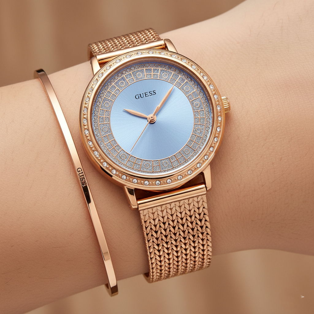 Guess Willow W0836L1 Rose Gold Woven Mesh Glitz Dial Women's Watch