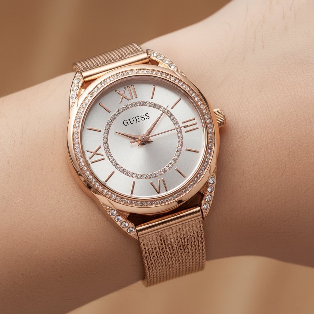 Guess Whisper W1084L3 Rose Gold Mesh Crystal Dial Women's Watch