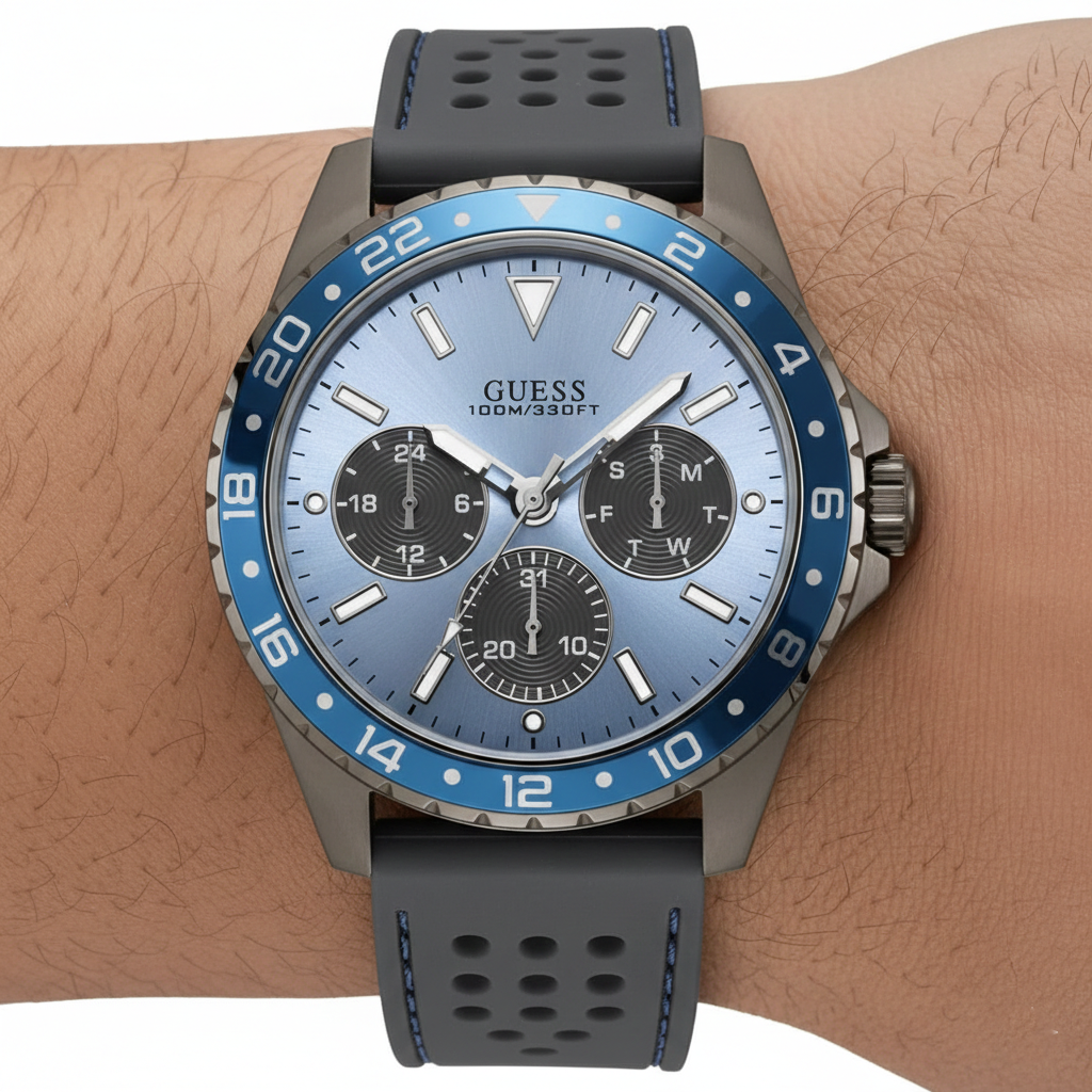 Guess Odyssey W1108G6 Gunmetal Case Sky Blue Dial Grey Rubber Watch