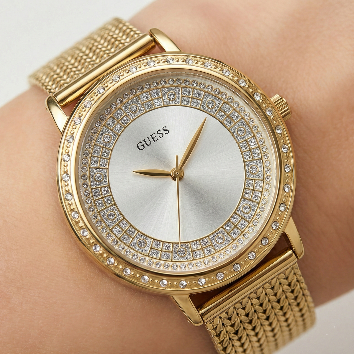 Guess Willow W0836L3 Gold Tone Mesh Bracelet Crystal Bezel Ladies Watch