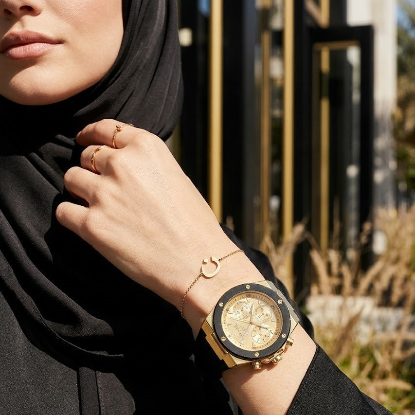 Guess athena Multi-Function GW0030L2 Gold Case Gold Dial Black Rubber Women's Watch