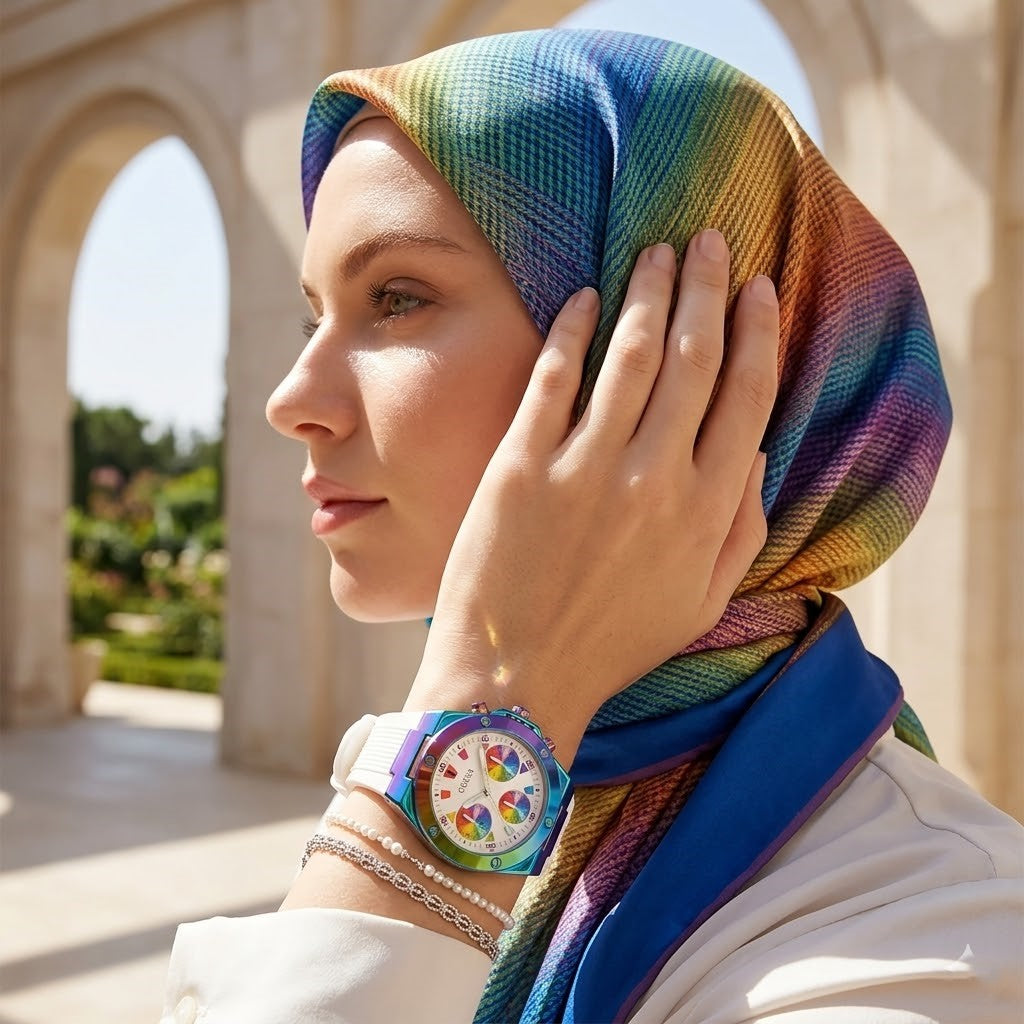 ساعة يد نسائية Guess Athena Multi-Function GW0030L6 متعددة الألوان بقفل قزحي الألوان وسوار مطاطي أبيض