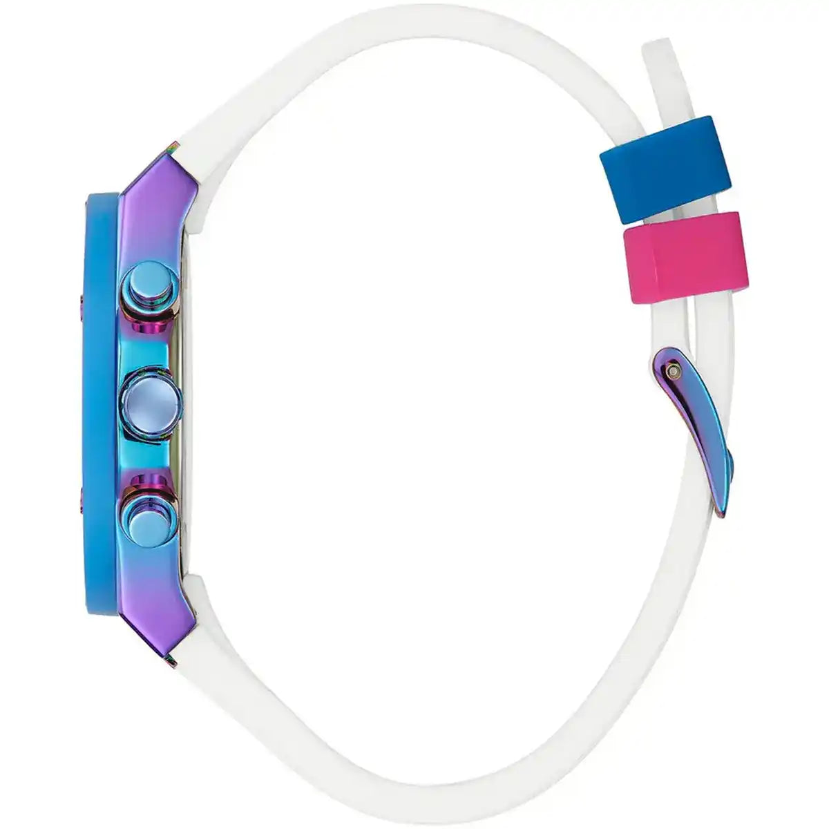 ساعة يد نسائية Guess Athena Multi-Function GW0030L6 متعددة الألوان بقفل قزحي الألوان وسوار مطاطي أبيض