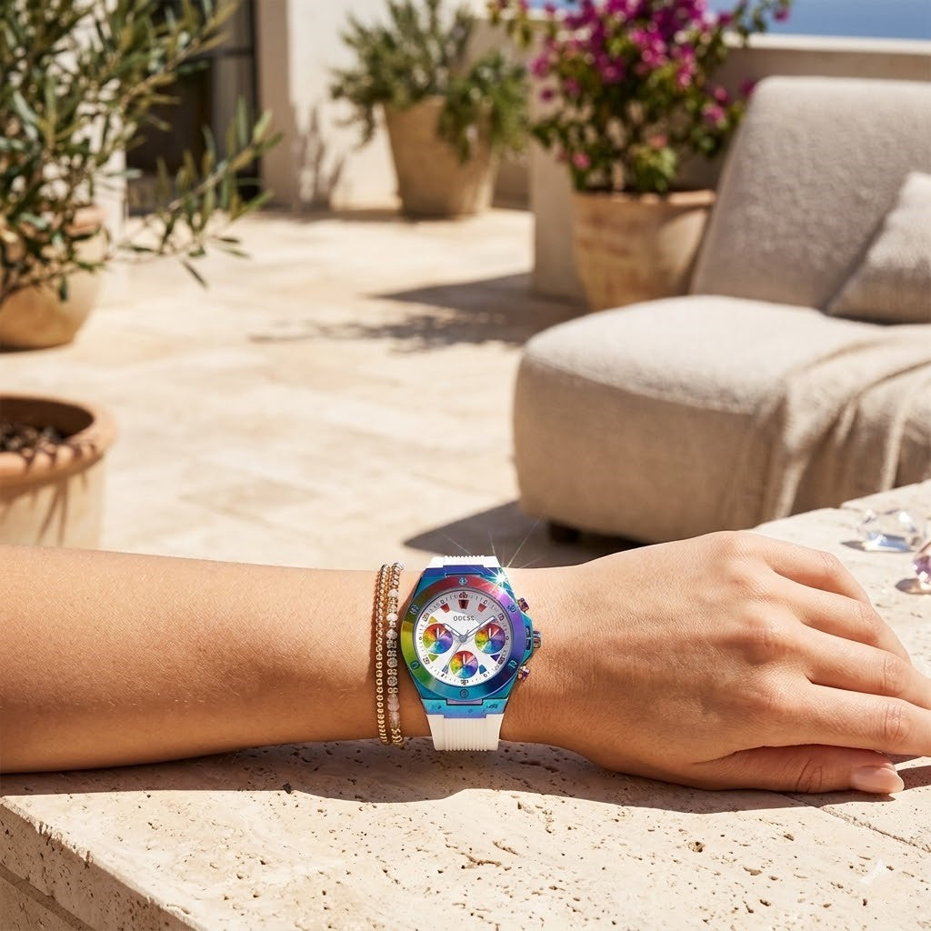 ساعة يد نسائية Guess Athena Multi-Function GW0030L6 متعددة الألوان بقفل قزحي الألوان وسوار مطاطي أبيض