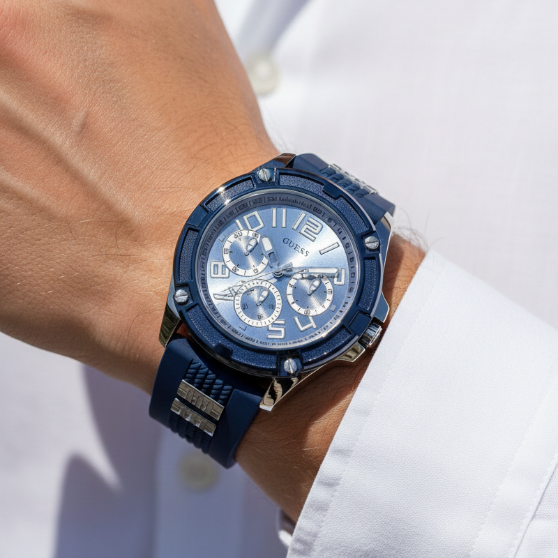 ساعة يد رجالية Guess Rig GW0051G4 بحزام مطاطي أزرق وهيكل فضي اللون