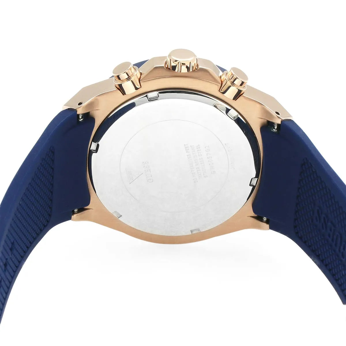 ساعة رجالي Guess Poseidon Multi-Function GW0057G2 باللون الذهبي الوردي ومينا أزرق وسوار مطاطي أزرق