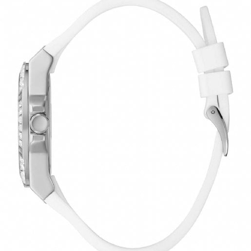 ساعة يد نسائية فضية اللون بمينا أبيض وسوار مطاطي أبيض طراز GW0118L3 من Guess Venus