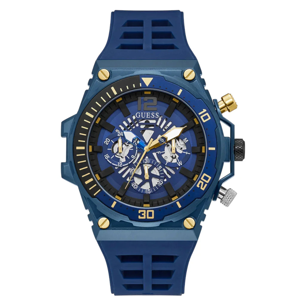 ساعة يد رجالية Guess Treasure GW0443G1 بهيكل عظمي أزرق ومينا مطاطي أزرق
