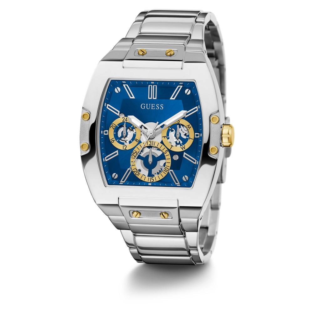 Guess Phoenix GW0456G5 ساعة بسوار فضي وعقارب زرقاء متعددة الوظائف