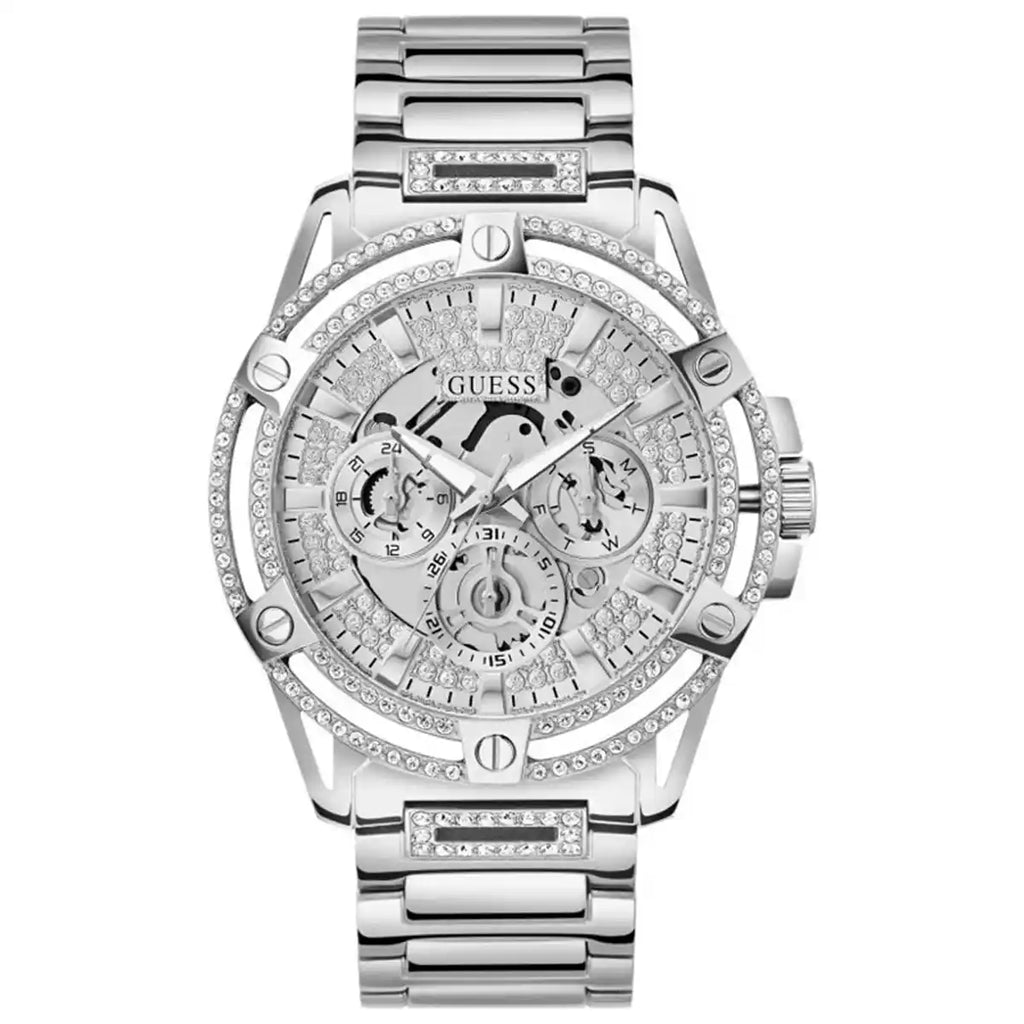 ساعة رجالي بهيكل فضي كريستالي من Guess King GW0497G1