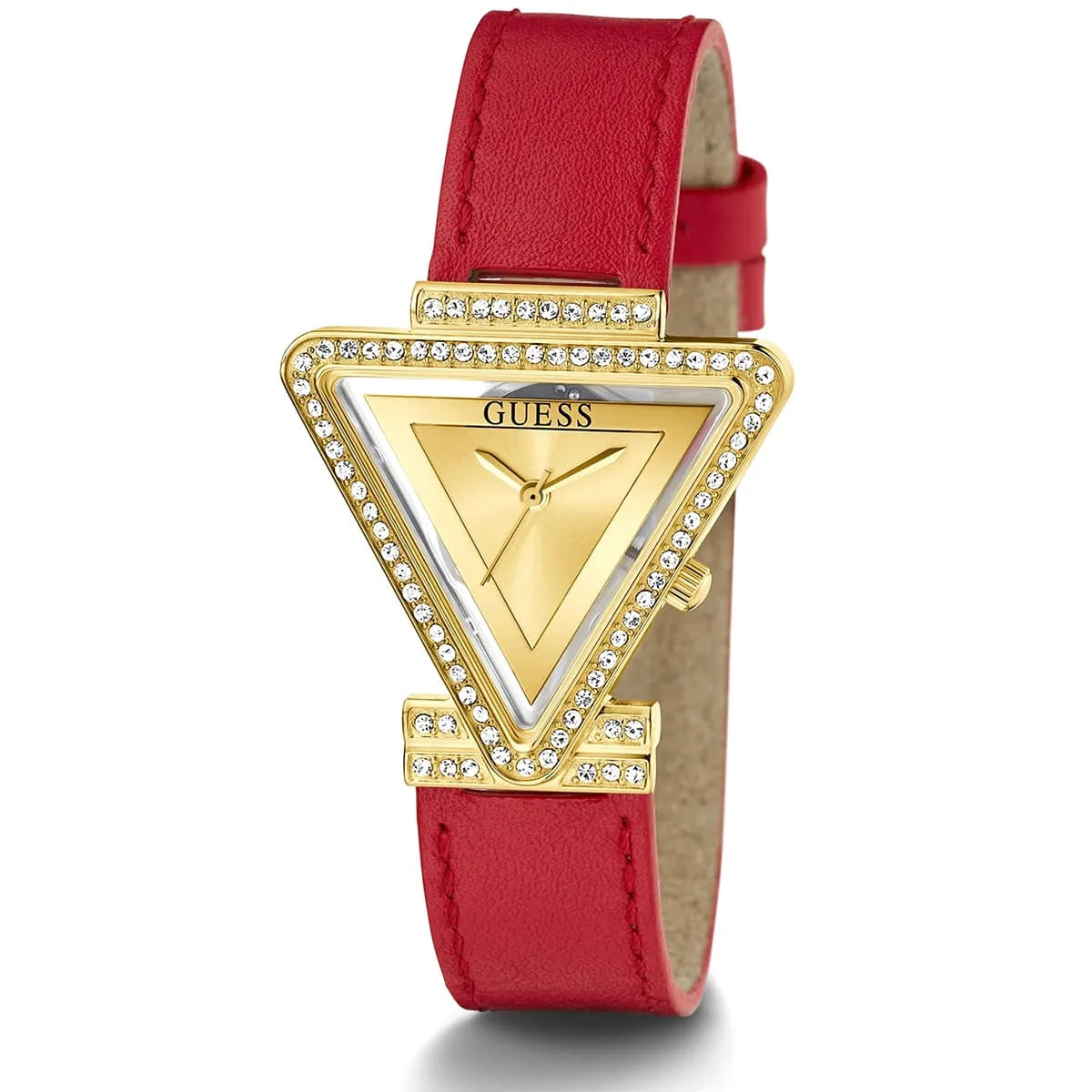ساعة يد نسائية من Guess Fame طراز GW0504L2 بإطار ذهبي مثلث الشكل وكريستال، وسوار من الجلد الأحمر