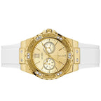 ساعة يد نسائية مطاطية بيضاء Guess Limelight GW0519L2 متعددة الوظائف بمينا ذهبي