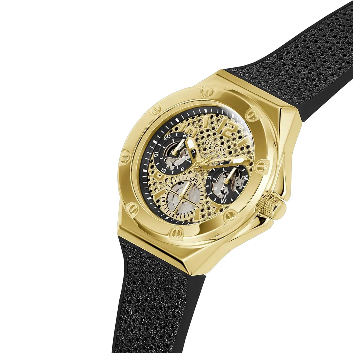 ساعة يد نسائية Guess Asteria Multi-Function GW0620L2 ذهبية اللون، قرص بتصميم Cut-Out، وحزام مطاطي أسود