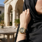 Guess Asteria Multi-Function GW0620L2 Gold Case Cut-Out Dial Black Rubber Women's Watch