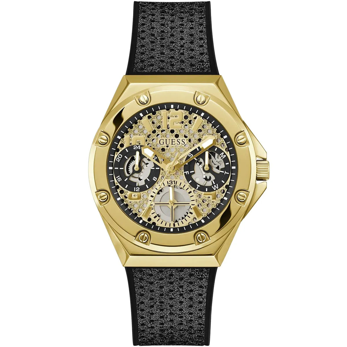 ساعة يد نسائية Guess Asteria Multi-Function GW0620L2 ذهبية اللون، قرص بتصميم Cut-Out، وحزام مطاطي أسود