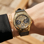 Guess Asteria Multi-Function GW0620L2 Gold Case Cut-Out Dial Black Rubber Women's Watch