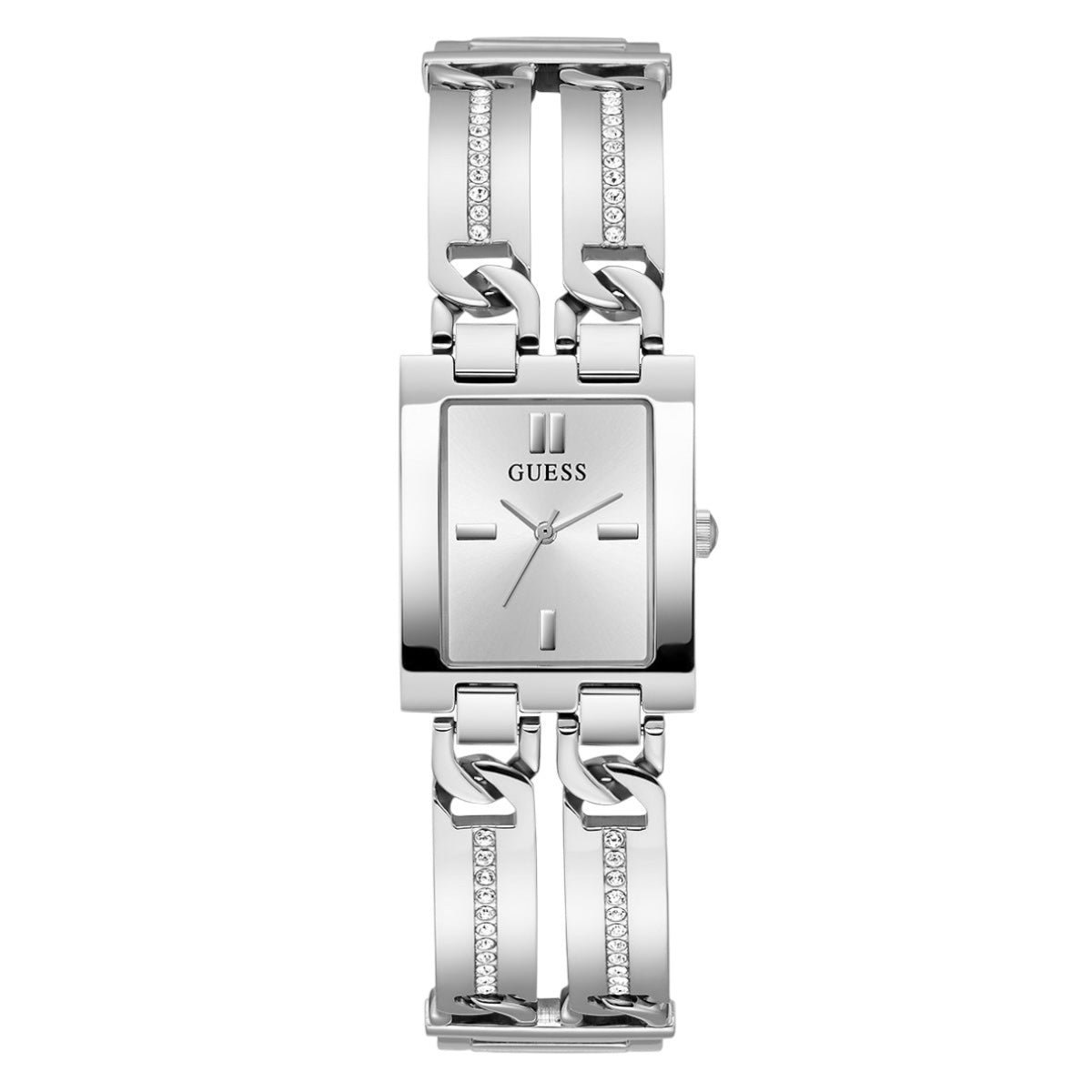 ساعة يد بسوار مستطيل من الكريستال بلون فضي طراز GW0668L1 من Guess