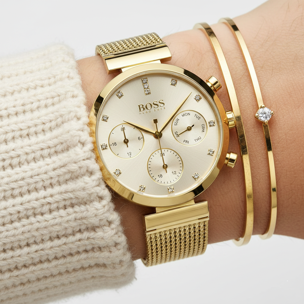 Original Hugo Boss Majesty Women's Watch - Gold Mesh Bracelet & Crystal Dial (1502552)