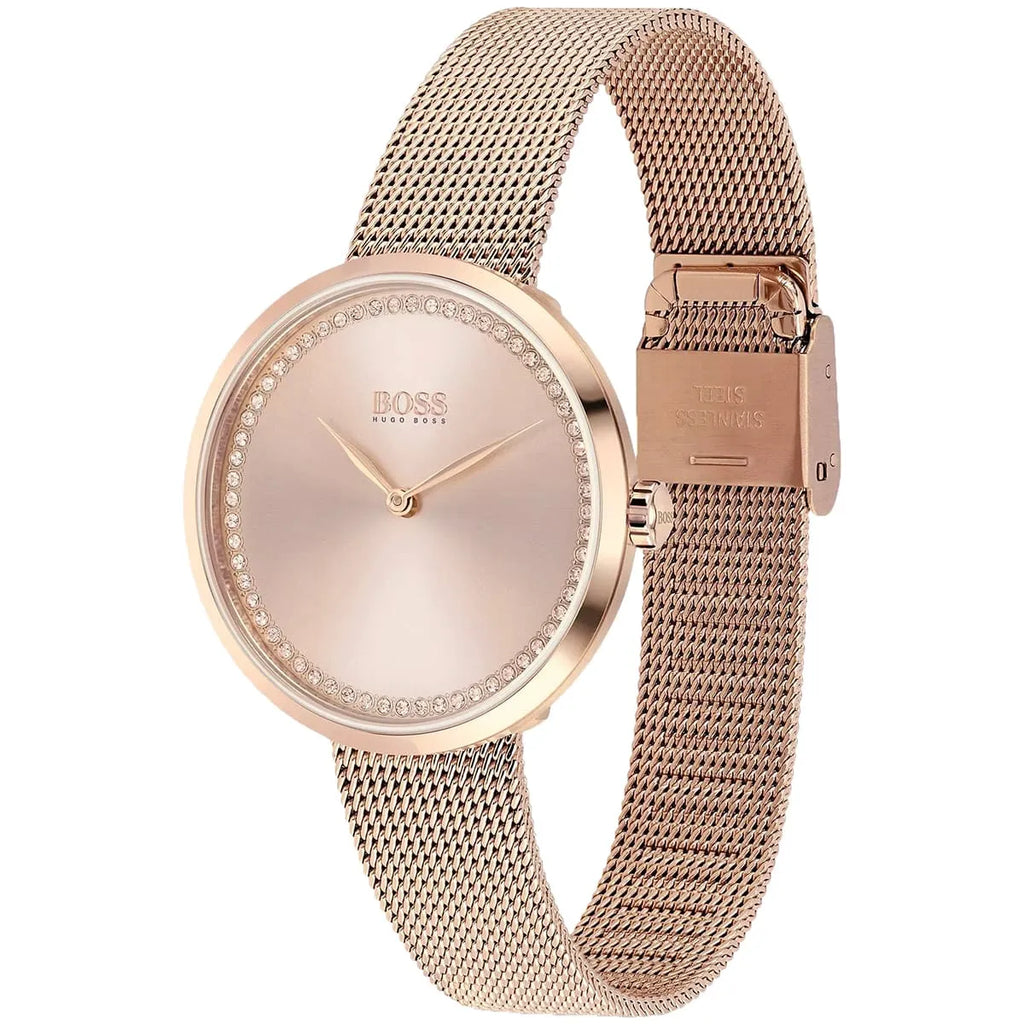 Original Hugo Boss Praise Women's Watch - Rose Gold Mesh & Crystal Ring Dial (1502548)
