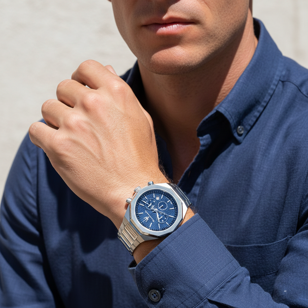 Maserati Stile R8873642006 Silver Case Textured Blue Dial Chronograph Watch