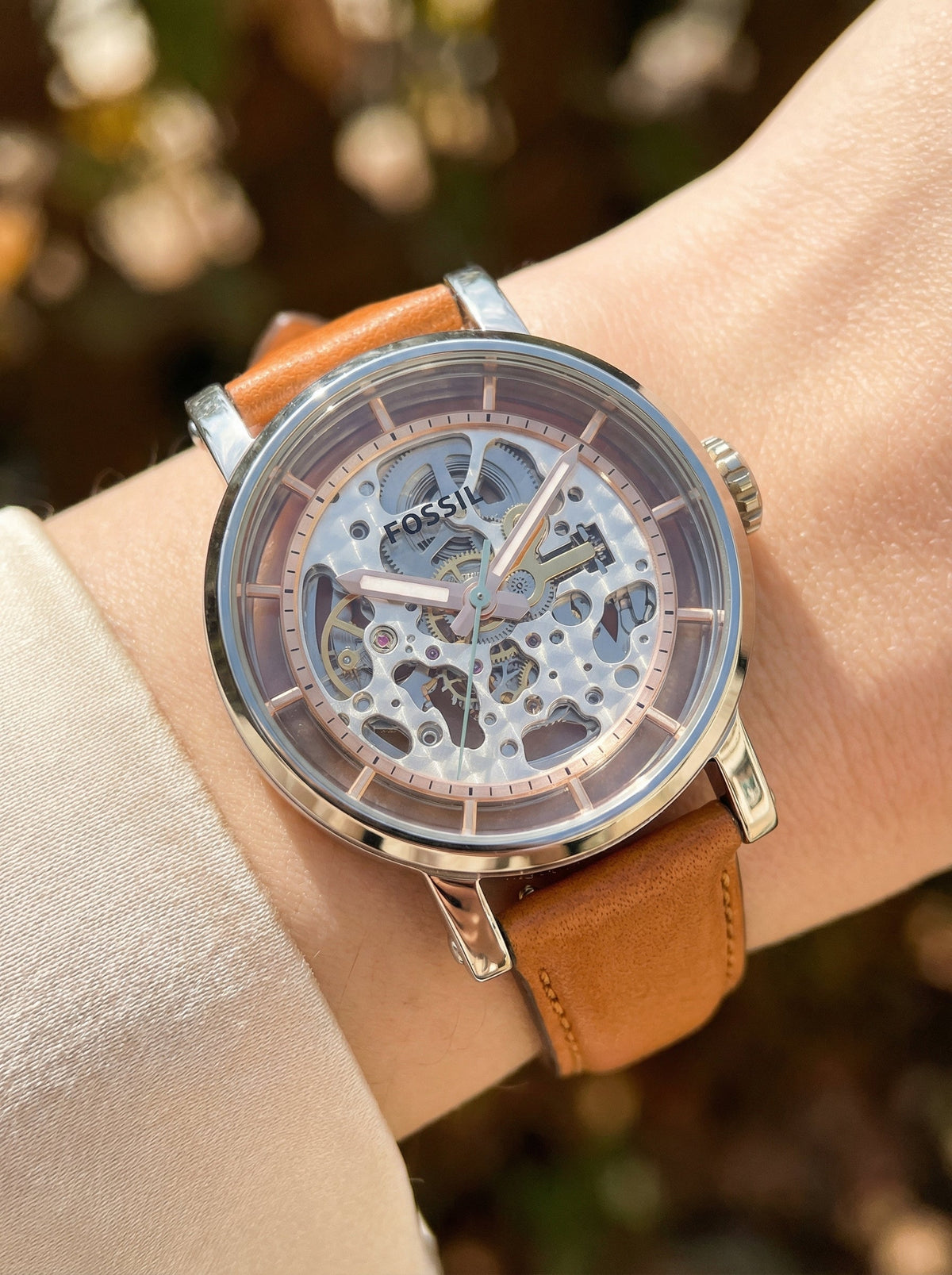 Fossil Original Boyfriend ME3109 Automatic Skeleton Tan Leather Watch