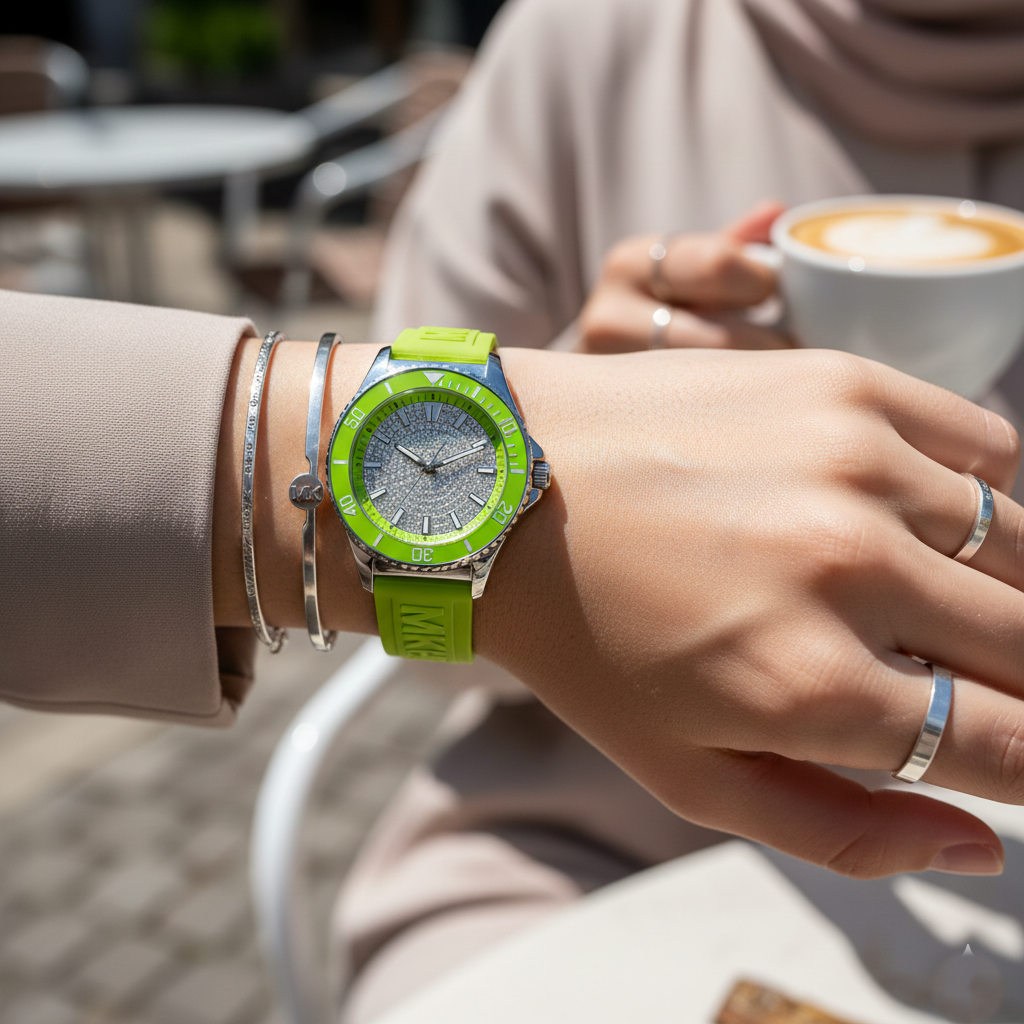 Michael Kors Everest MK7360 Silver-Tone Crystal Pavé Lime Green Rubber Women's Watch