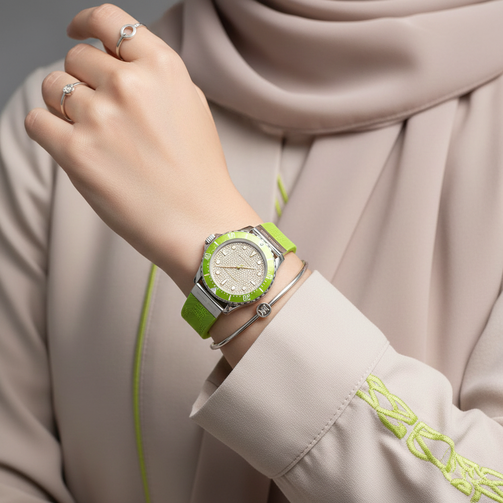 Michael Kors Everest MK7360 Silver-Tone Crystal Pavé Lime Green Rubber Women's Watch