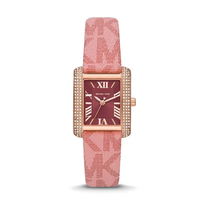 Michael Kors Emery MK2966 Rectangular Rose Gold Tone Burgundy Dial Pink Leather Women Watch