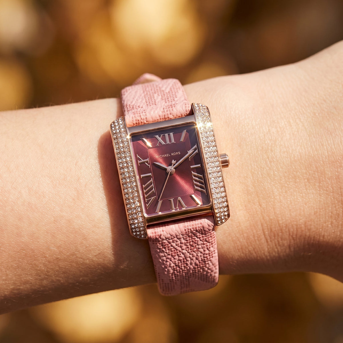 Michael Kors Emery MK2966 Rectangular Rose Gold Tone Burgundy Dial Pink Leather Women Watch
