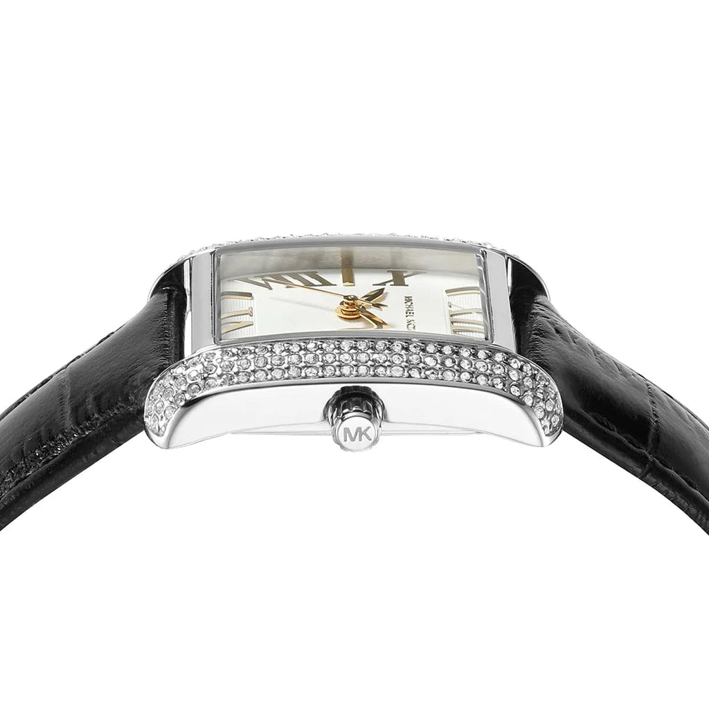 Michael Kors Emery MK4696 Rectangular Silver Tone Black Leather Women Watch