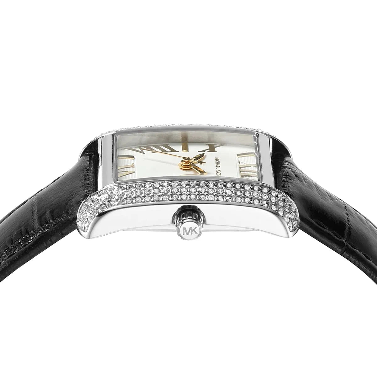 Michael Kors Emery MK4696 Rectangular Silver Tone Black Leather Women Watch
