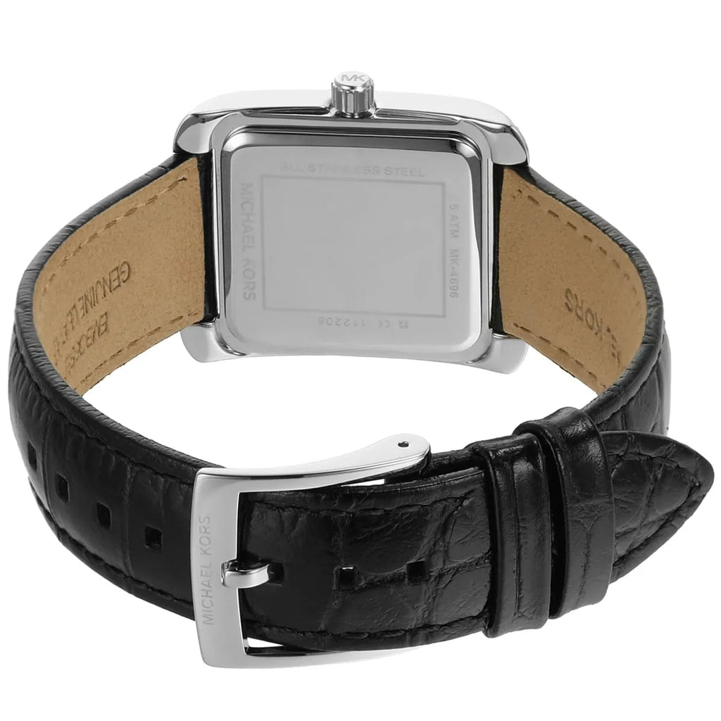 Michael Kors Emery MK4696 Rectangular Silver Tone Black Leather Women Watch