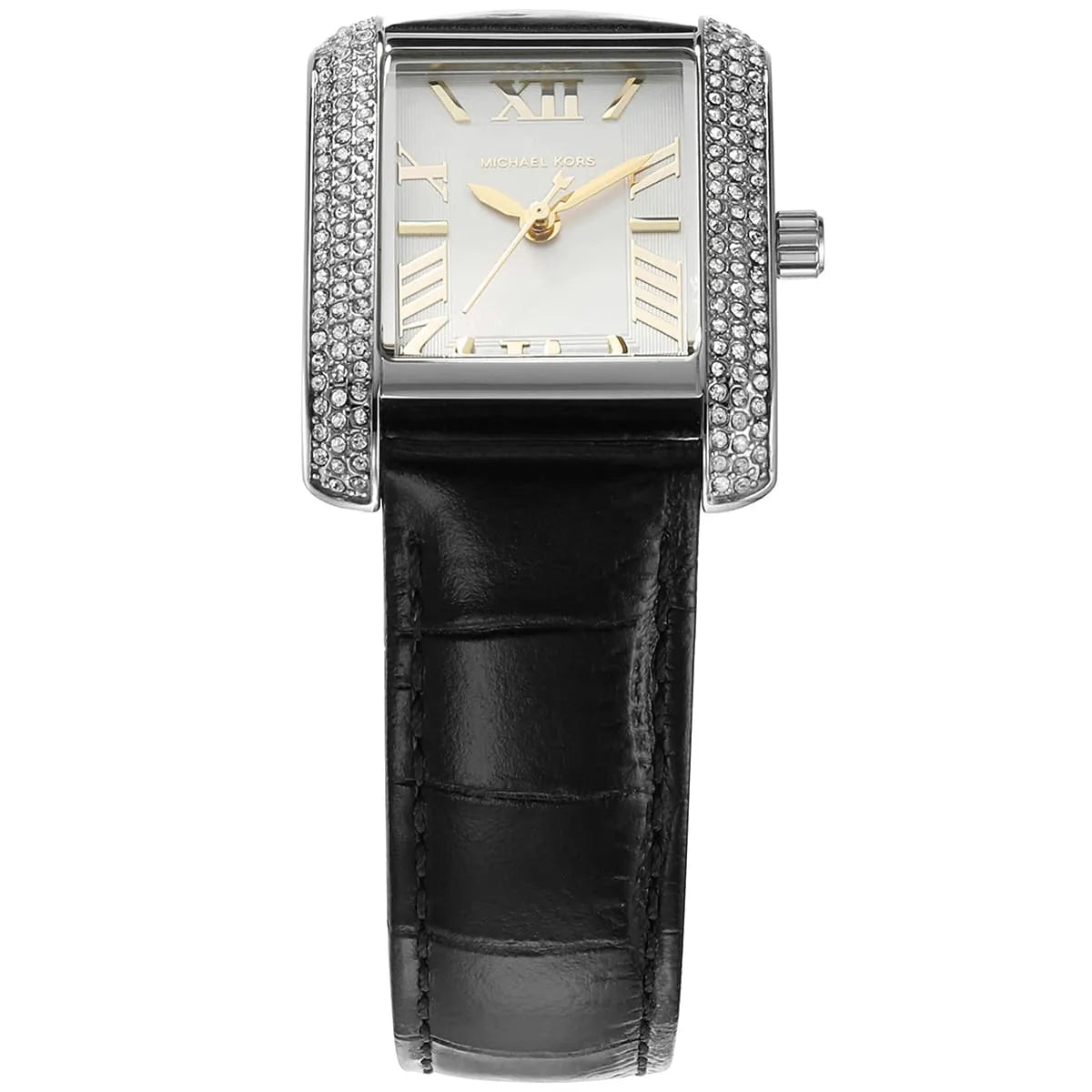 Michael Kors Emery MK4696 Rectangular Silver Tone Black Leather Women Watch