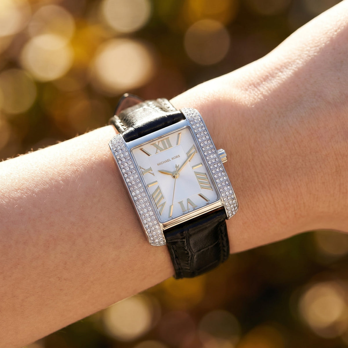 Michael Kors Emery MK4696 Rectangular Silver Tone Black Leather Women Watch