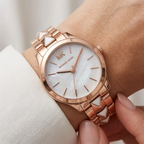 Michael Kors Runway MK6671 Rose Gold White Mother of Pearl Pyramid Link Women's Watch