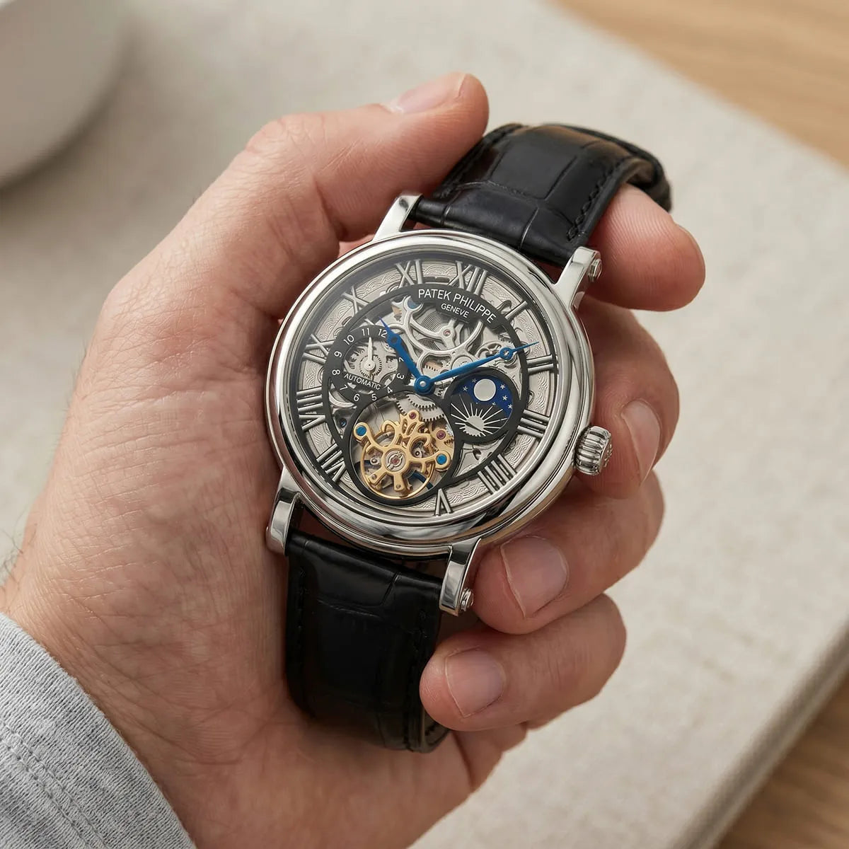 ساعة رجالية من Patek Philippe، بمينا سوداء وبلون فضي