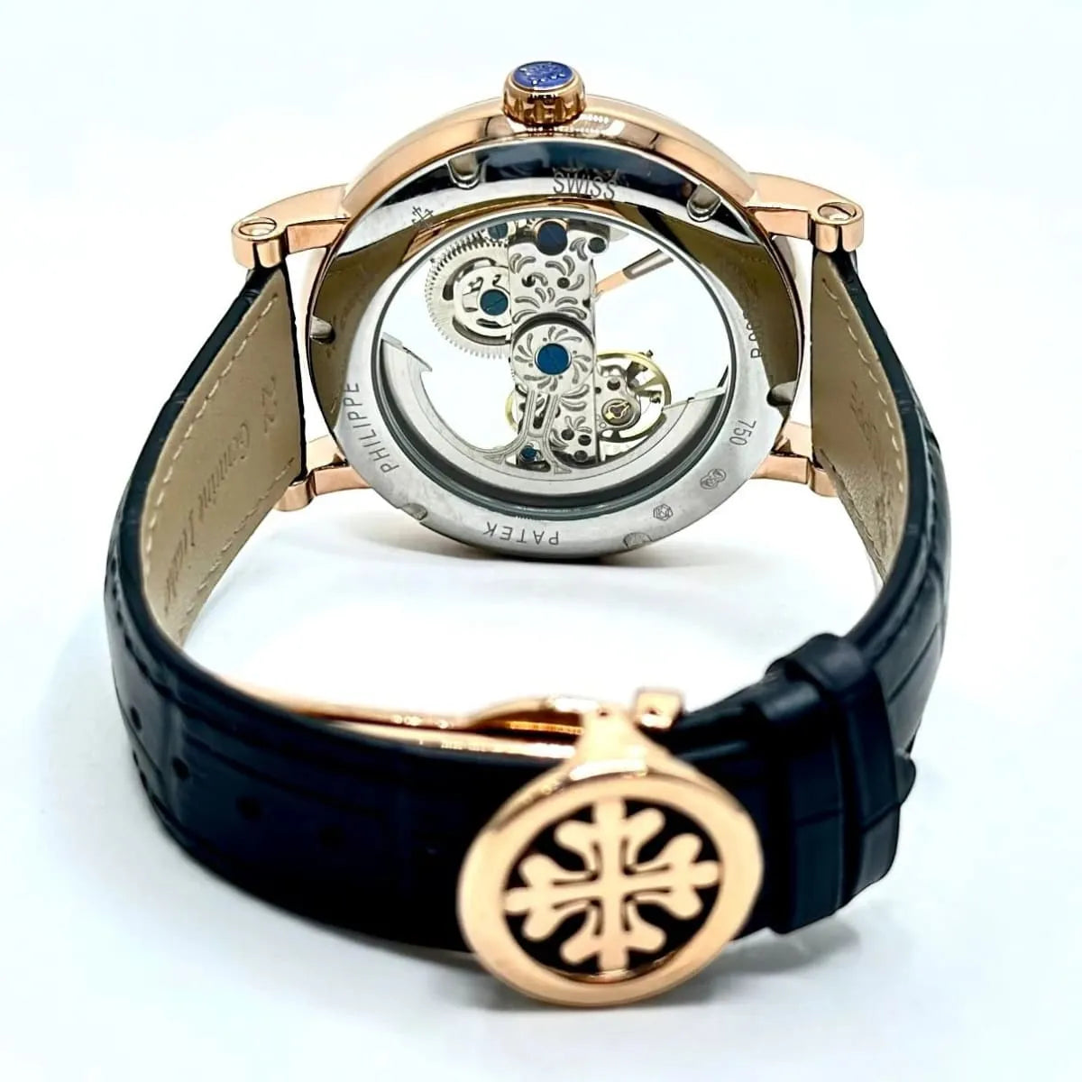 ساعة رجالية بهيكل ذهبي وردي وميناء Patek Philippe