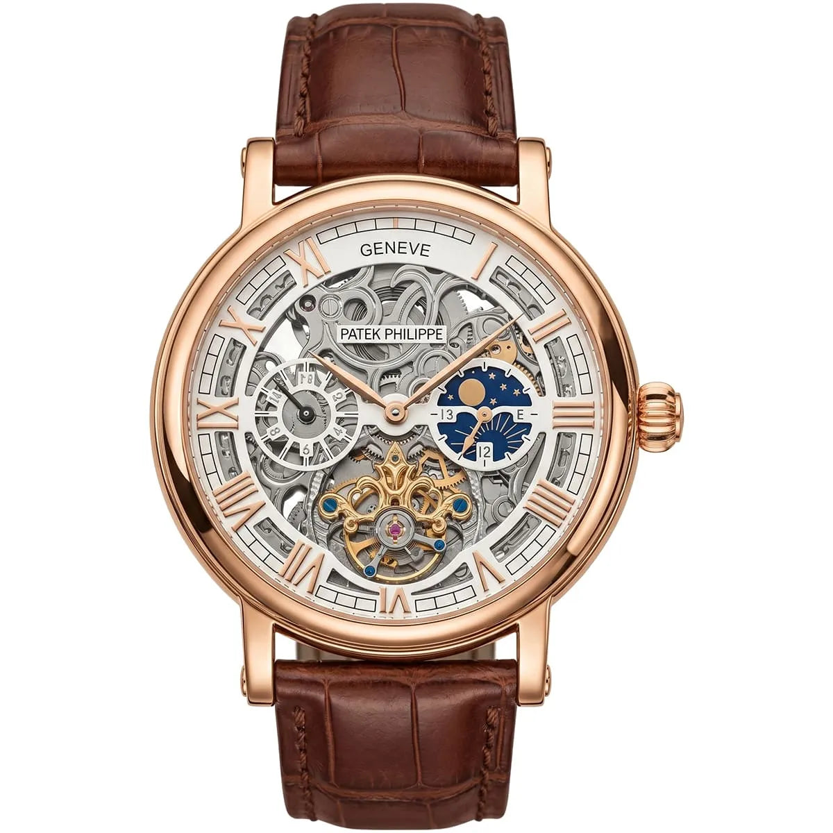 ساعة رجالي بهيكل عظمي ذهبي وردي وبعقارب لمراحل القمر من Patek Philippe