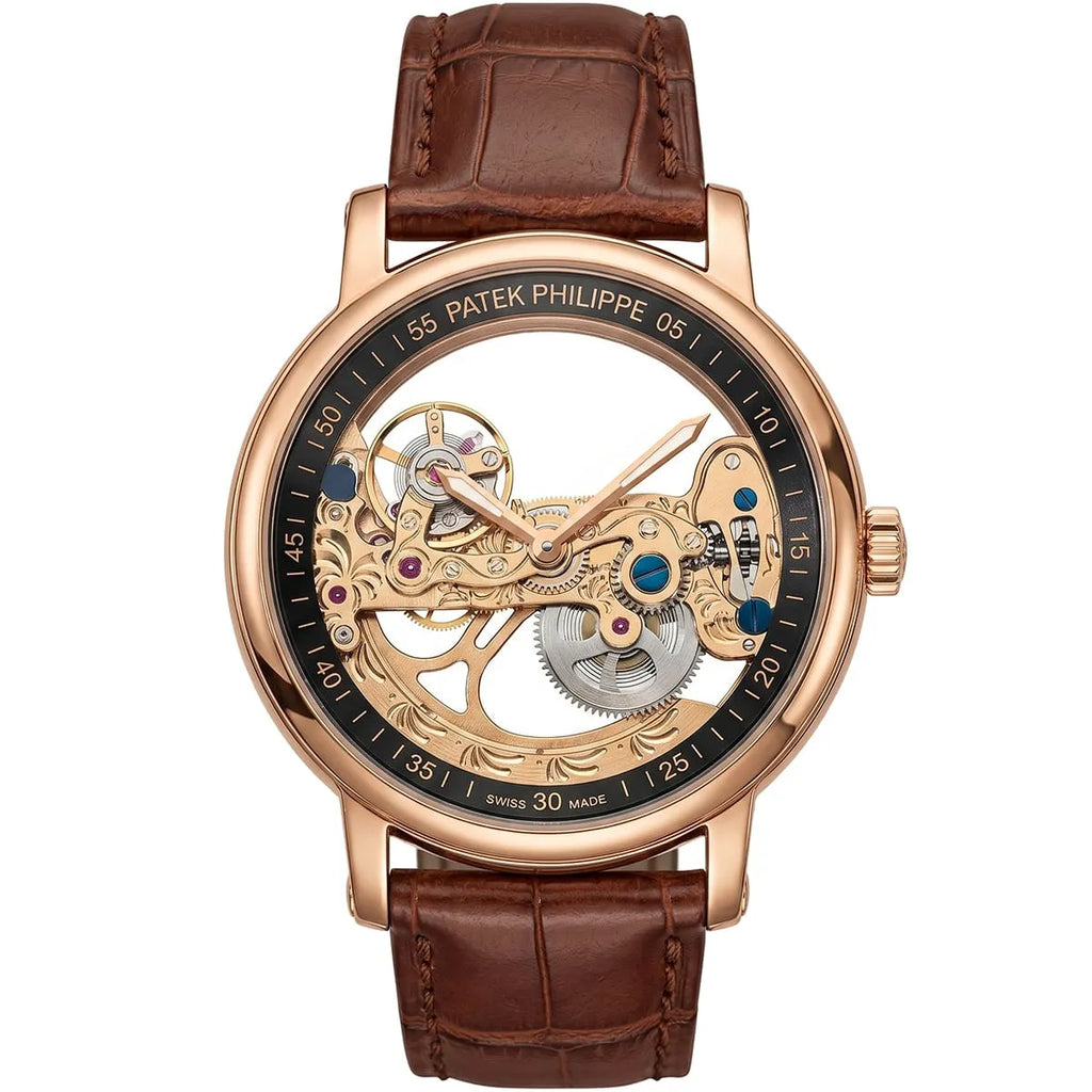 ساعة رجالي بهيكل Patek Philippe ذهبي وردي وميناً مكشوفاً