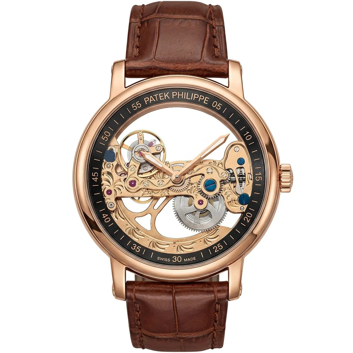 ساعة رجالي بهيكل Patek Philippe ذهبي وردي وميناً مكشوفاً
