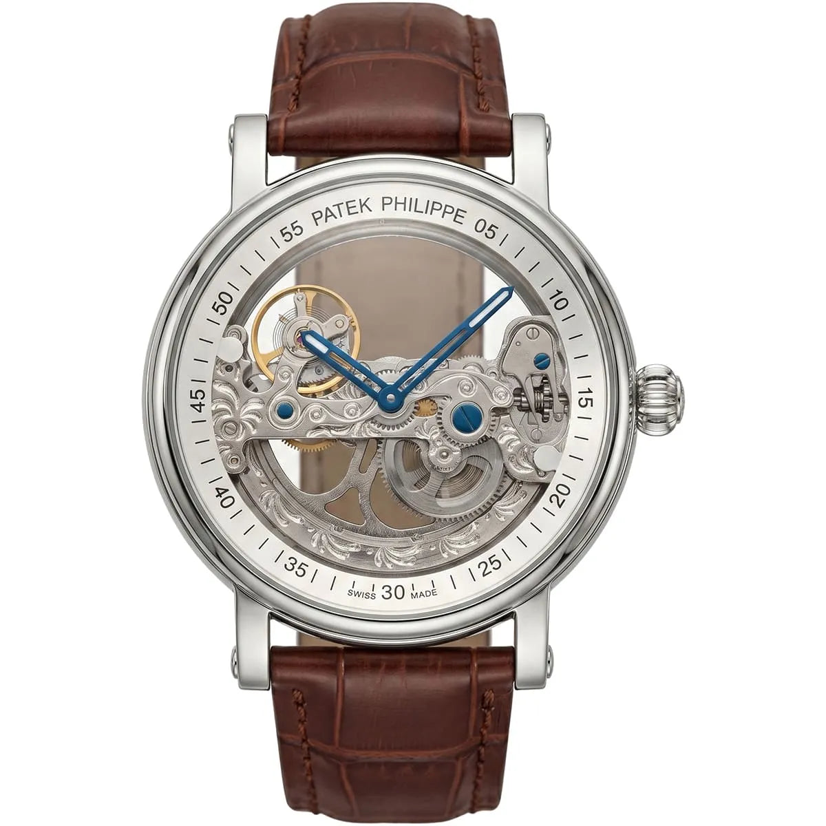 ساعة رجالية من Patek Philippe بهيكل مفتوح وسوار جلدي بني
