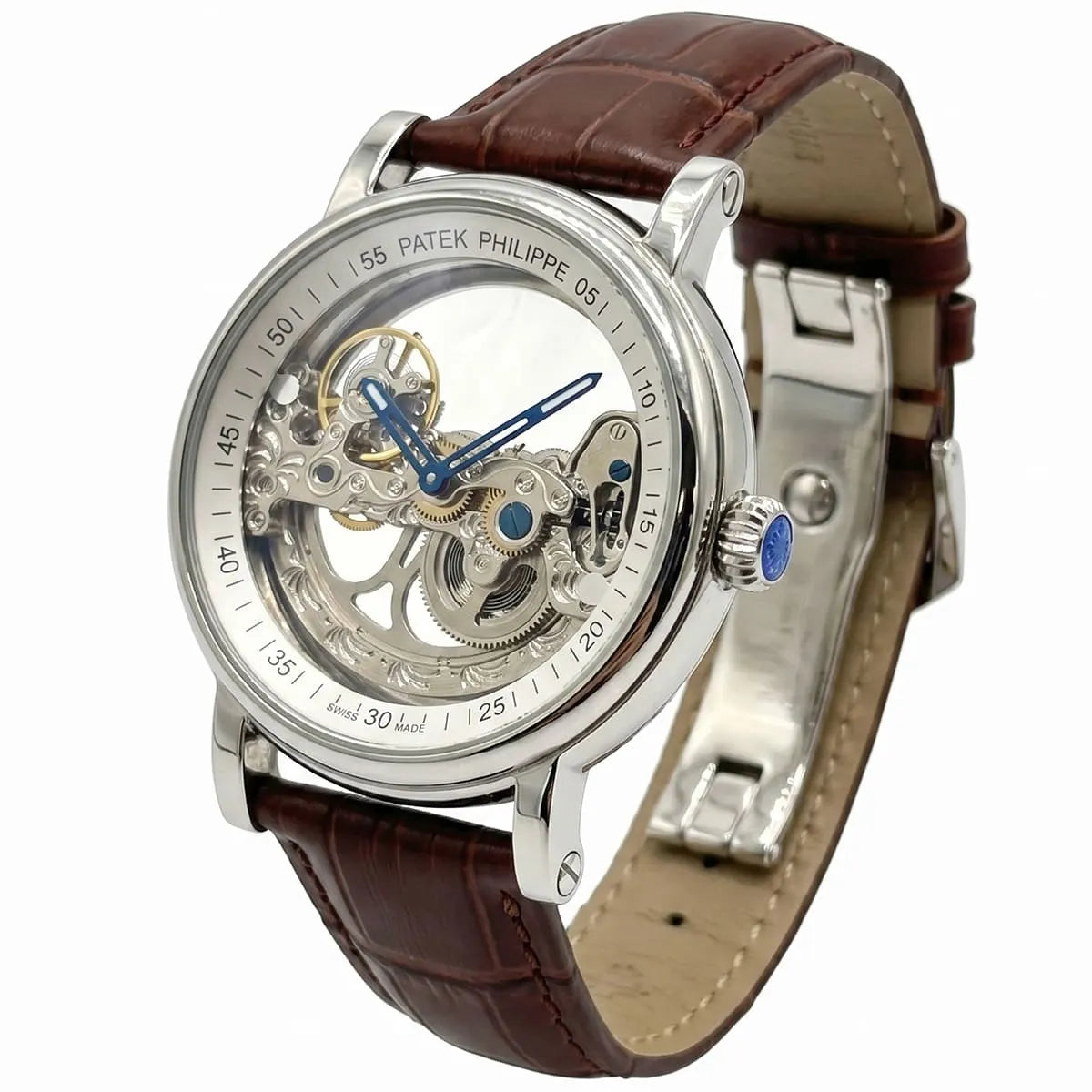 ساعة رجالية من Patek Philippe بهيكل مفتوح وسوار جلدي بني