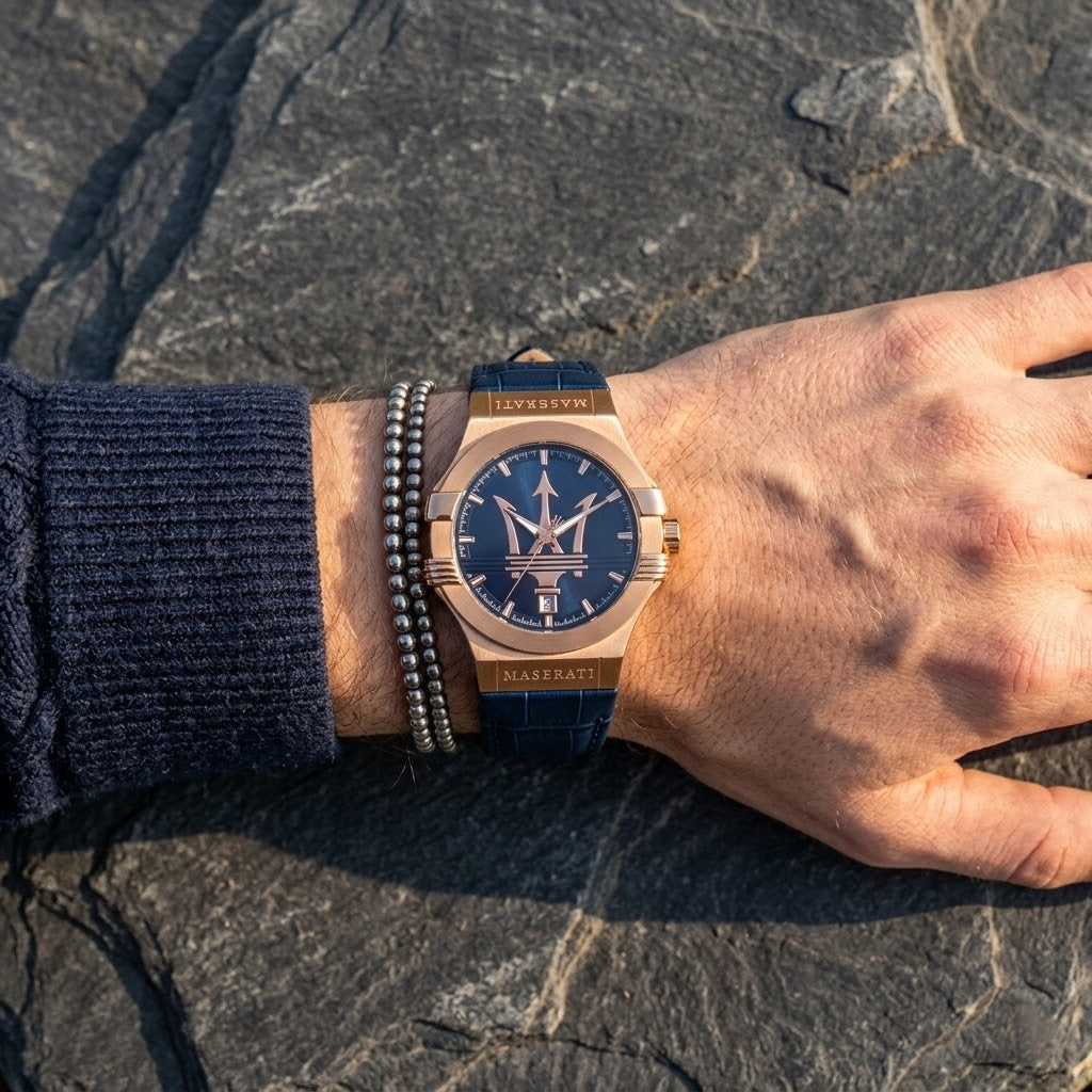 Maserati Potenza 4800Rose Gold Blue Dial Leather Men's Watch