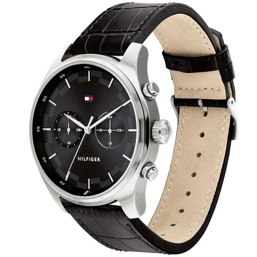Tommy Hilfiger Sawyer 1710424 Silver Case Black Dial Black Leather Men's Watch
