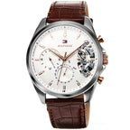 Tommy Hilfiger Baker 1710450 Silver Case White Semi-Skeleton Dial Brown Leather Men's Watch