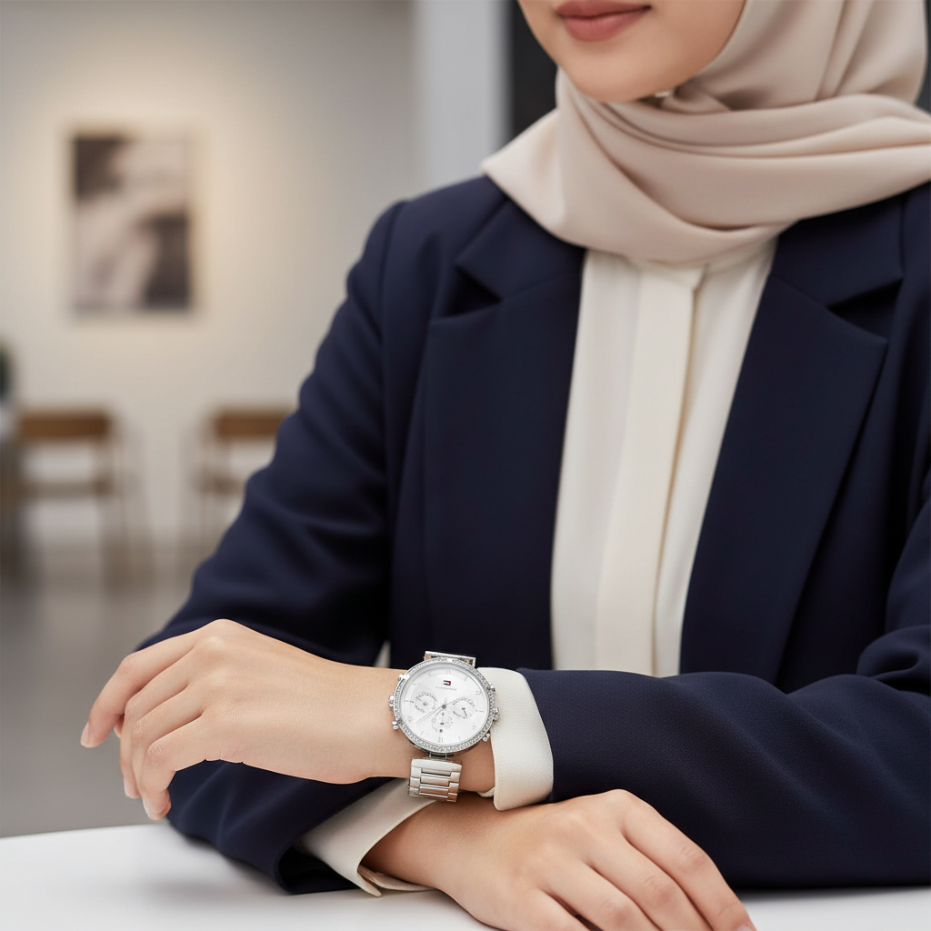ساعة تومي هيلفيغر لونا 1782393 للنساء، إطار فضي، مينا فضية، إطار مرصع بالكريستال